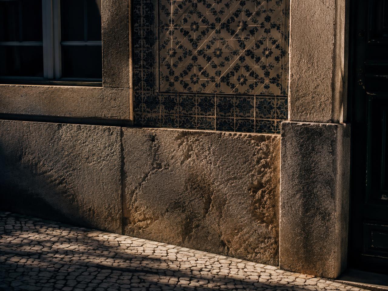 Pormenor de fachada em pedra com azulejos e calçada portuguesa